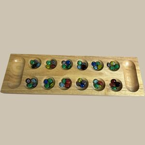 Vintage 1995 Mancala Solid Wood Board Game Complete 48 Gemstone Pieces Cardinal